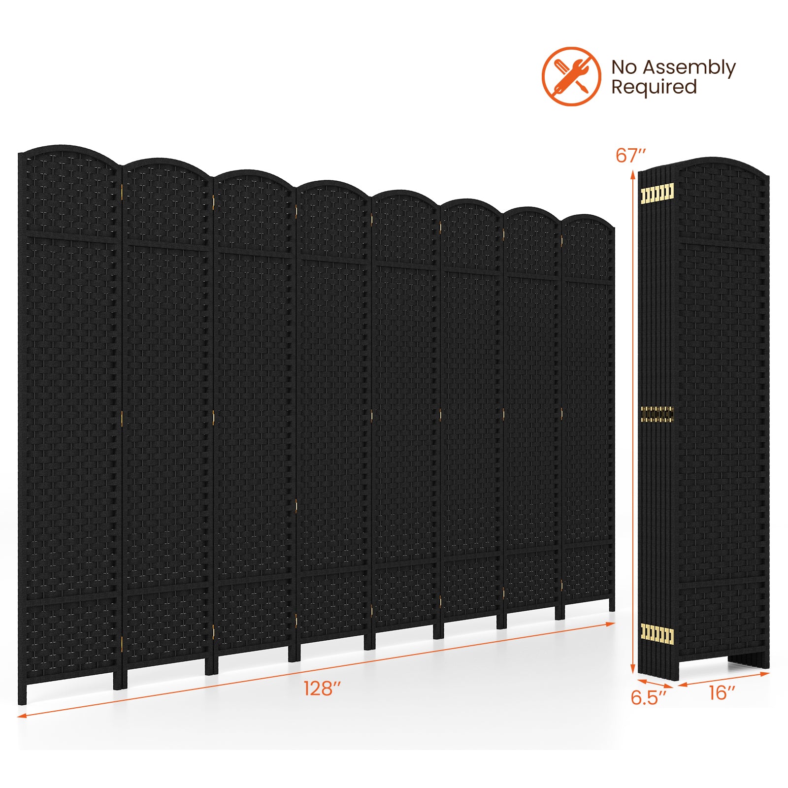 8-Panel Folding Room Divider with Hand-woven Texture and Wood Frame-Black