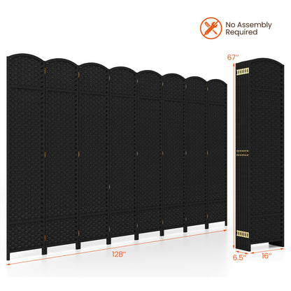8-Panel Folding Room Divider with Hand-woven Texture and Wood Frame-Black