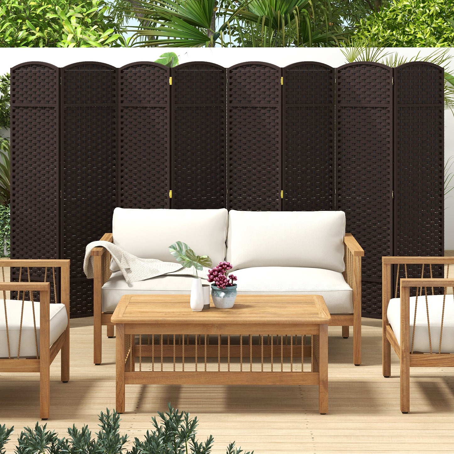 8-Panel Folding Room Divider with Hand-woven Texture and Wood Frame-Brown