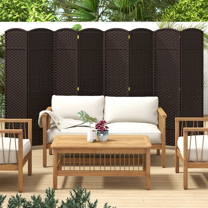 8-Panel Folding Room Divider with Hand-woven Texture and Wood Frame-Brown