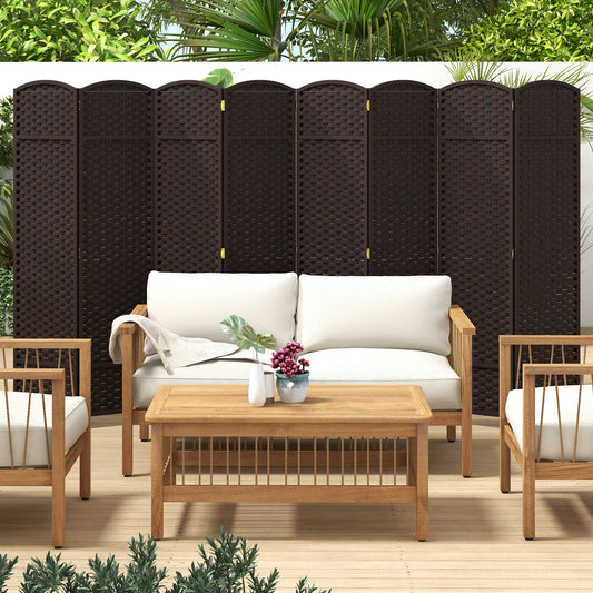 8-Panel Folding Room Divider with Hand-woven Texture and Wood Frame-Brown