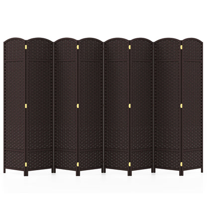 8-Panel Folding Room Divider with Hand-woven Texture and Wood Frame-Brown