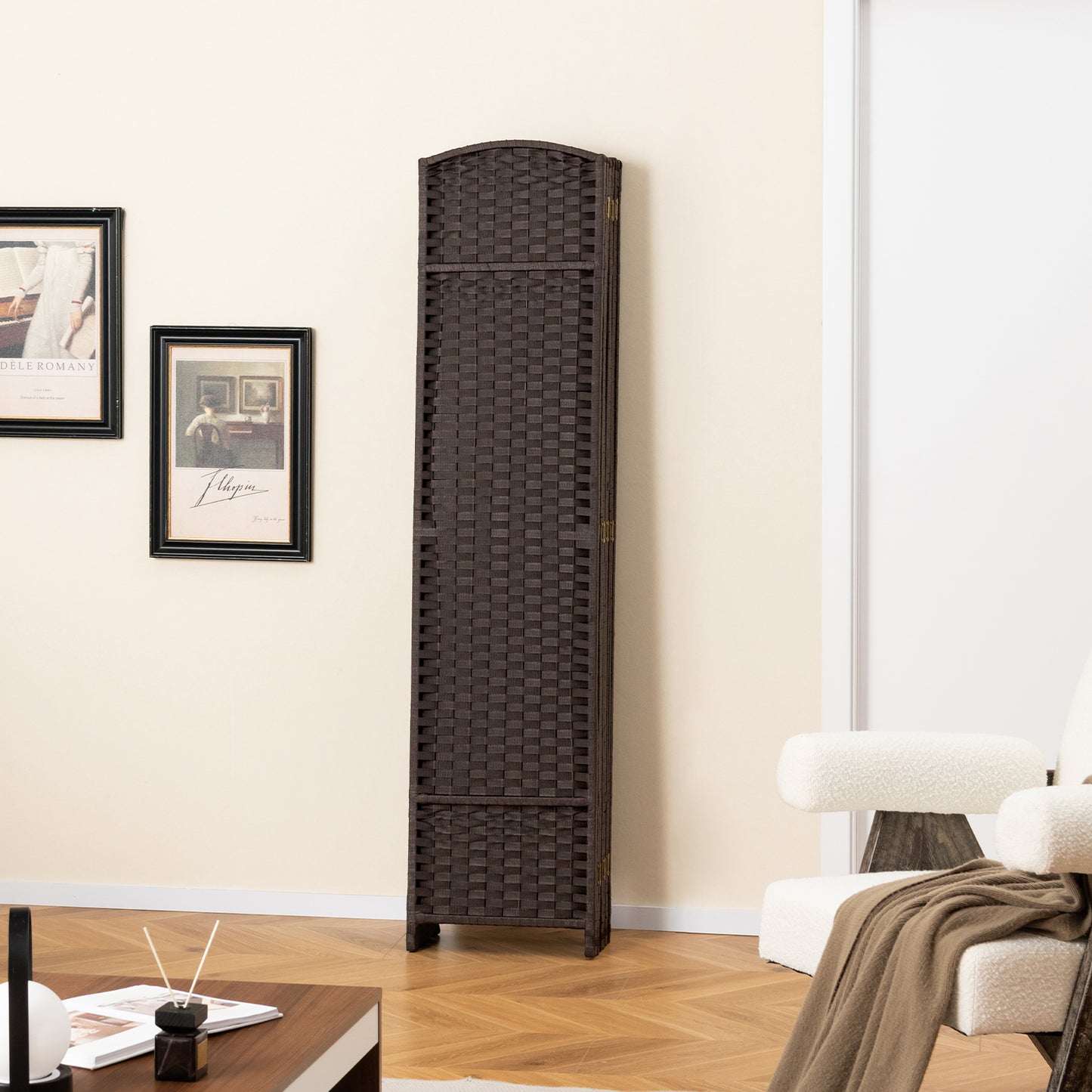 8-Panel Folding Room Divider with Hand-woven Texture and Wood Frame-Brown