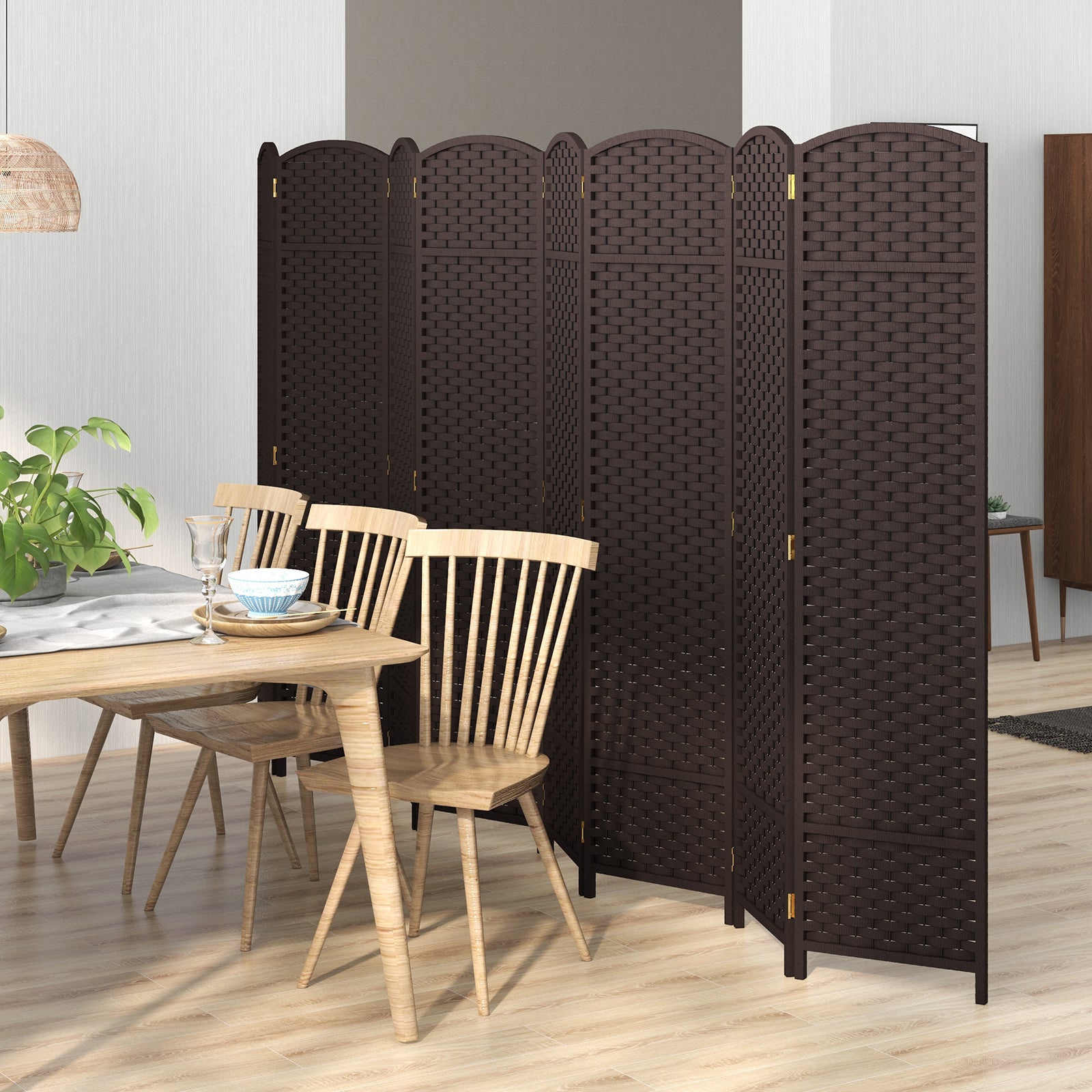 8-Panel Folding Room Divider with Hand-woven Texture and Wood Frame-Brown