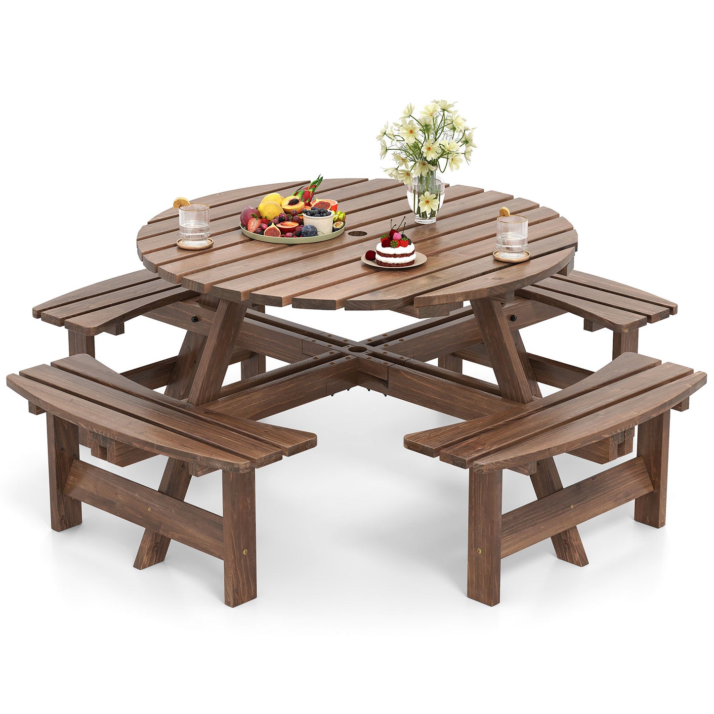 8-Person Round Picnic Table Set Circular Patio Dining Camping Table with Benches