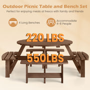 8-Person Round Picnic Table Set Circular Patio Dining Camping Table with Benches-Brown
