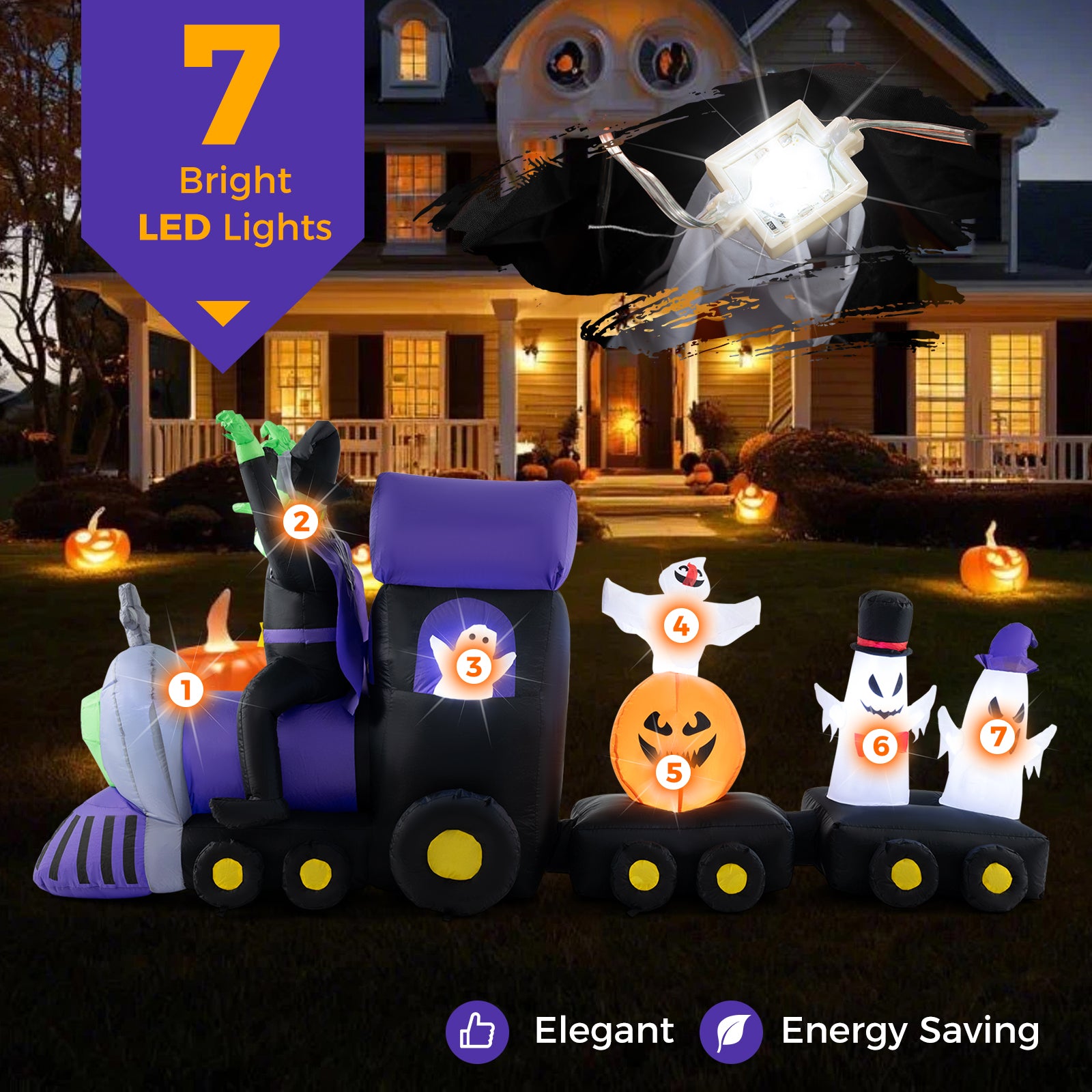 8.2 Feet Long Halloween Inflatable Train with Witch and 4 Ghosts