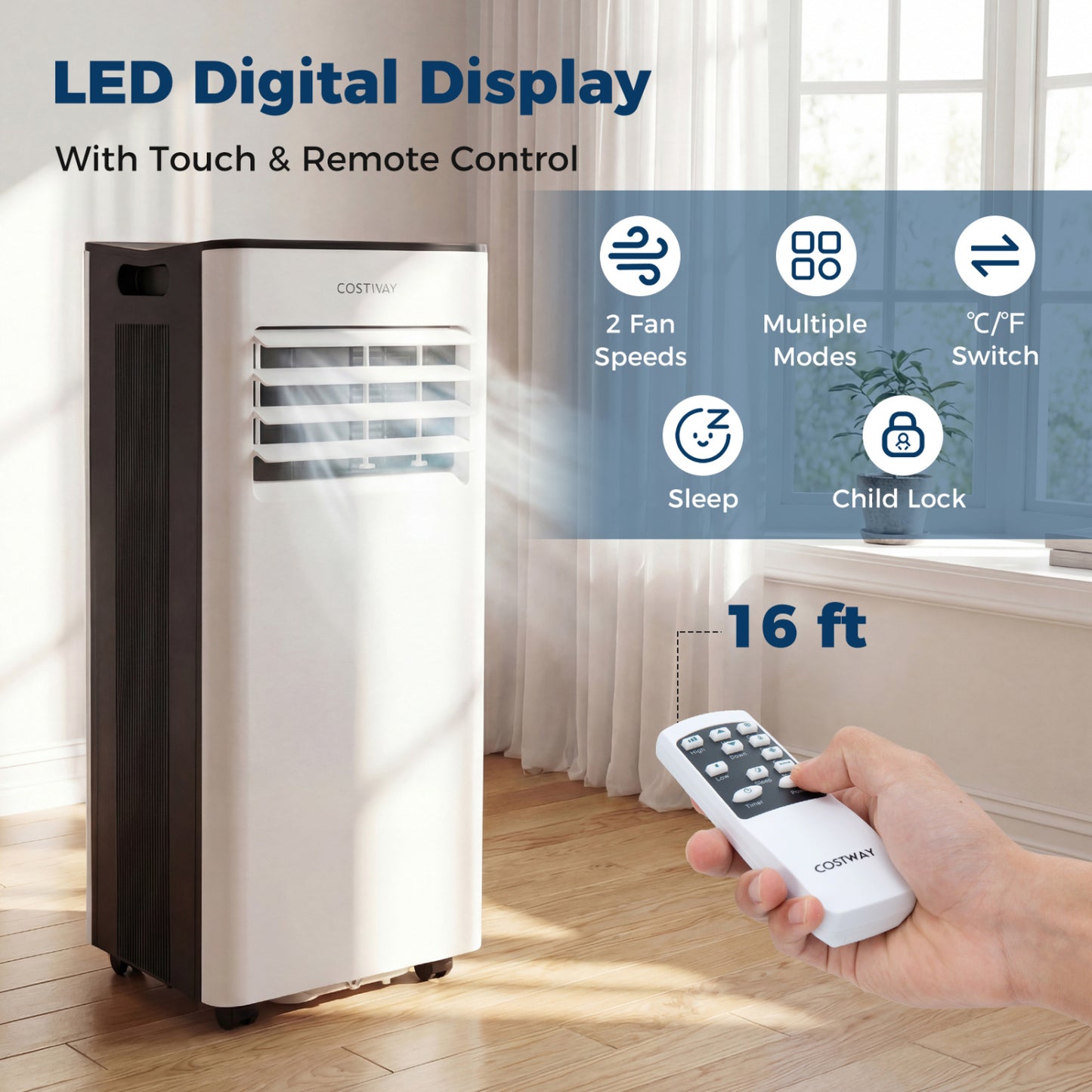 8000 BTU Portable Air Conditioner with Fan and Dehumidifier and LED Display