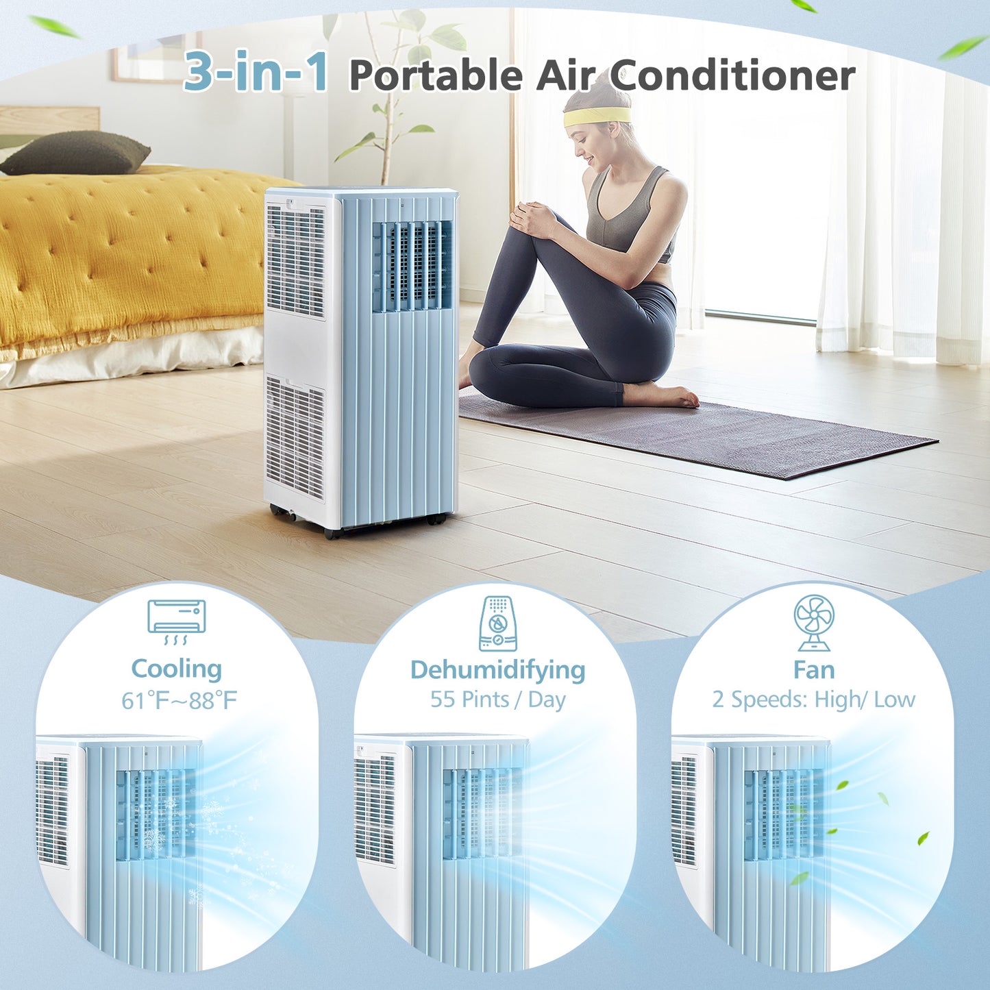 3-in-1 10000 BTU Air Conditioner with Humidifier and Smart Sleep Mode-Blue