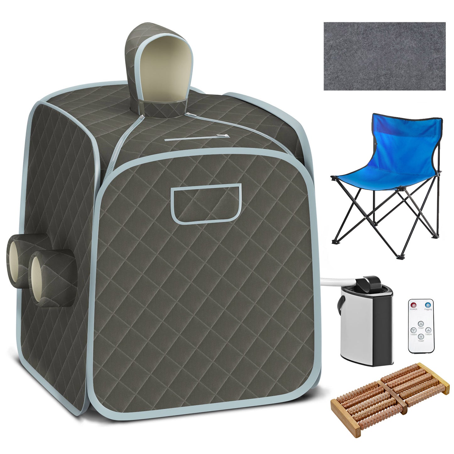 800W 2 Person Portable Steam Sauna Tent SPA with Hat Side Holes 3L Steamer-Coffee - Gray