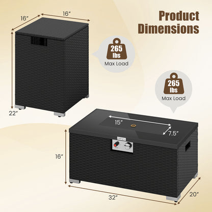 2-Piece Outdoor Rattan Fire Table Set 32 Inch Rectangle Gas Firepit with Tank Cover-Black
