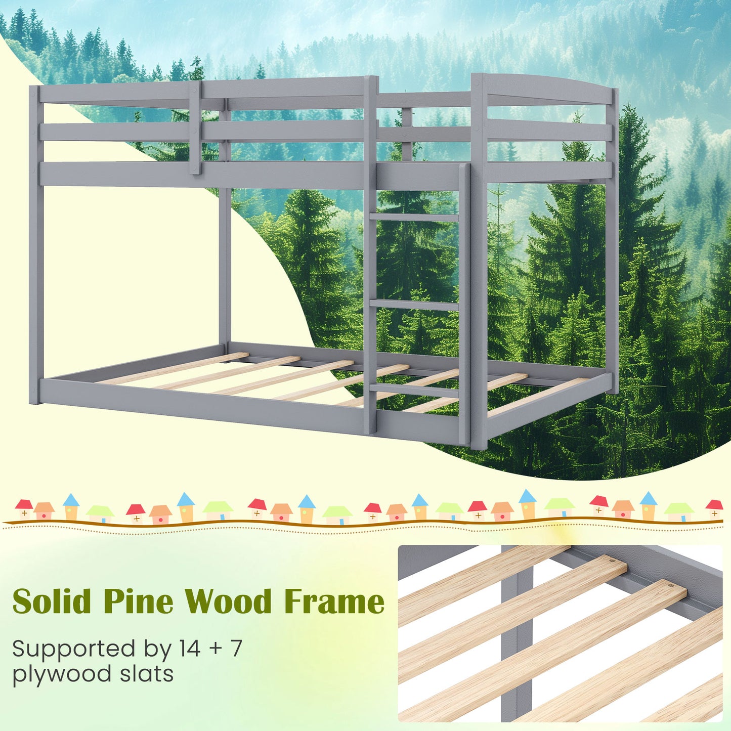 Full Over Full Bunk Bed Low-to-ground Bunk Bed-Gray