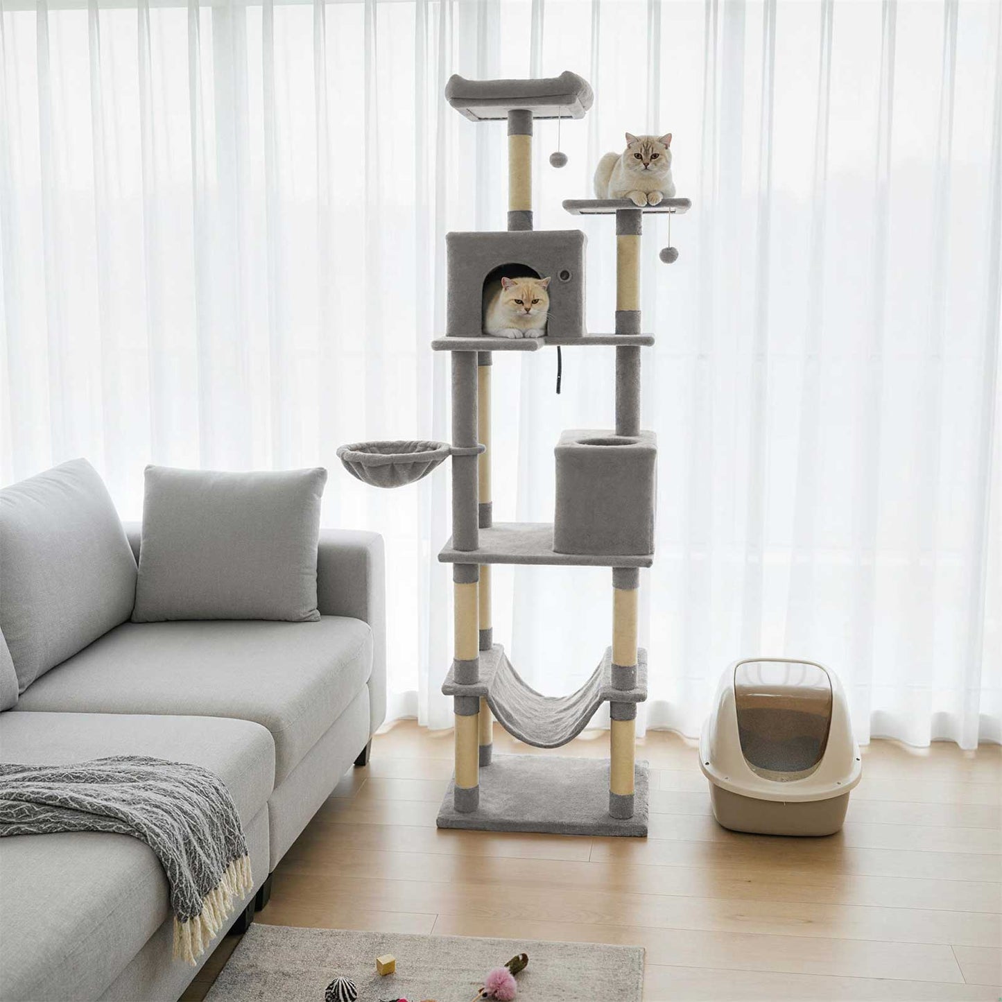 80 Inches Tall Cat Tree with 2 Large Condos and Dangling Toys-Light Gray