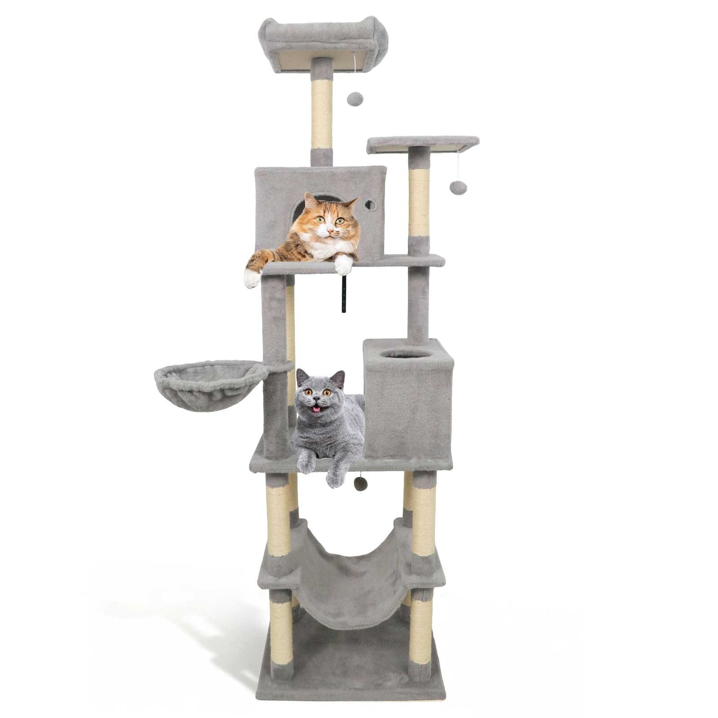 80 Inches Tall Cat Tree with 2 Large Condos and Dangling Toys-Light Gray