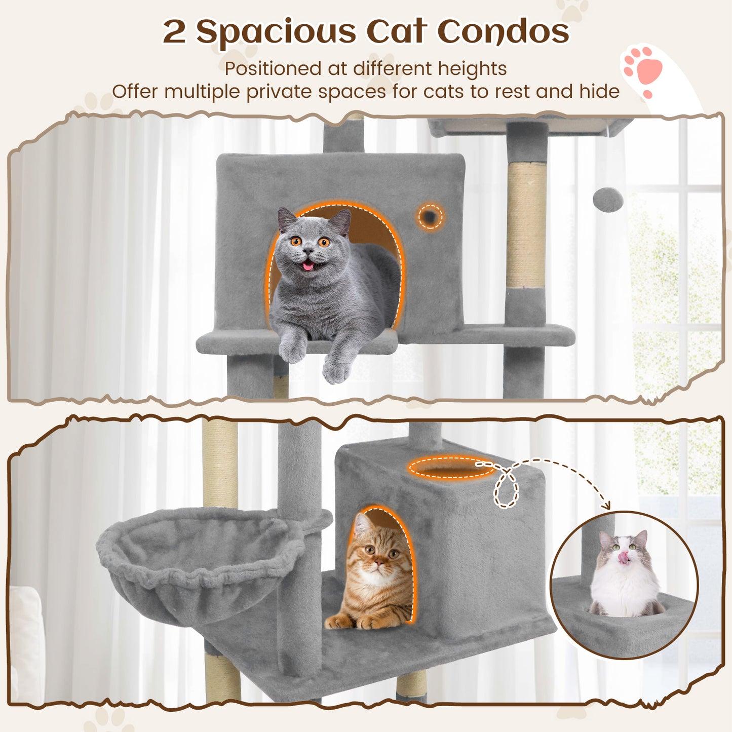 80 Inches Tall Cat Tree with 2 Large Condos and Dangling Toys-Light Gray