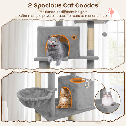 80 Inches Tall Cat Tree with 2 Large Condos and Dangling Toys-Light Gray