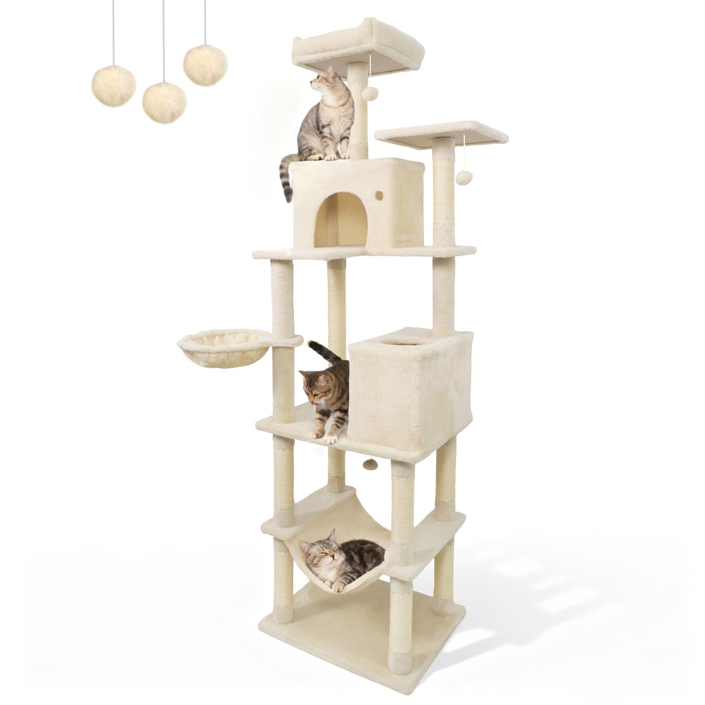 80 Inches Tall Cat Tree with 2 Large Condos and Dangling Toys-Beige