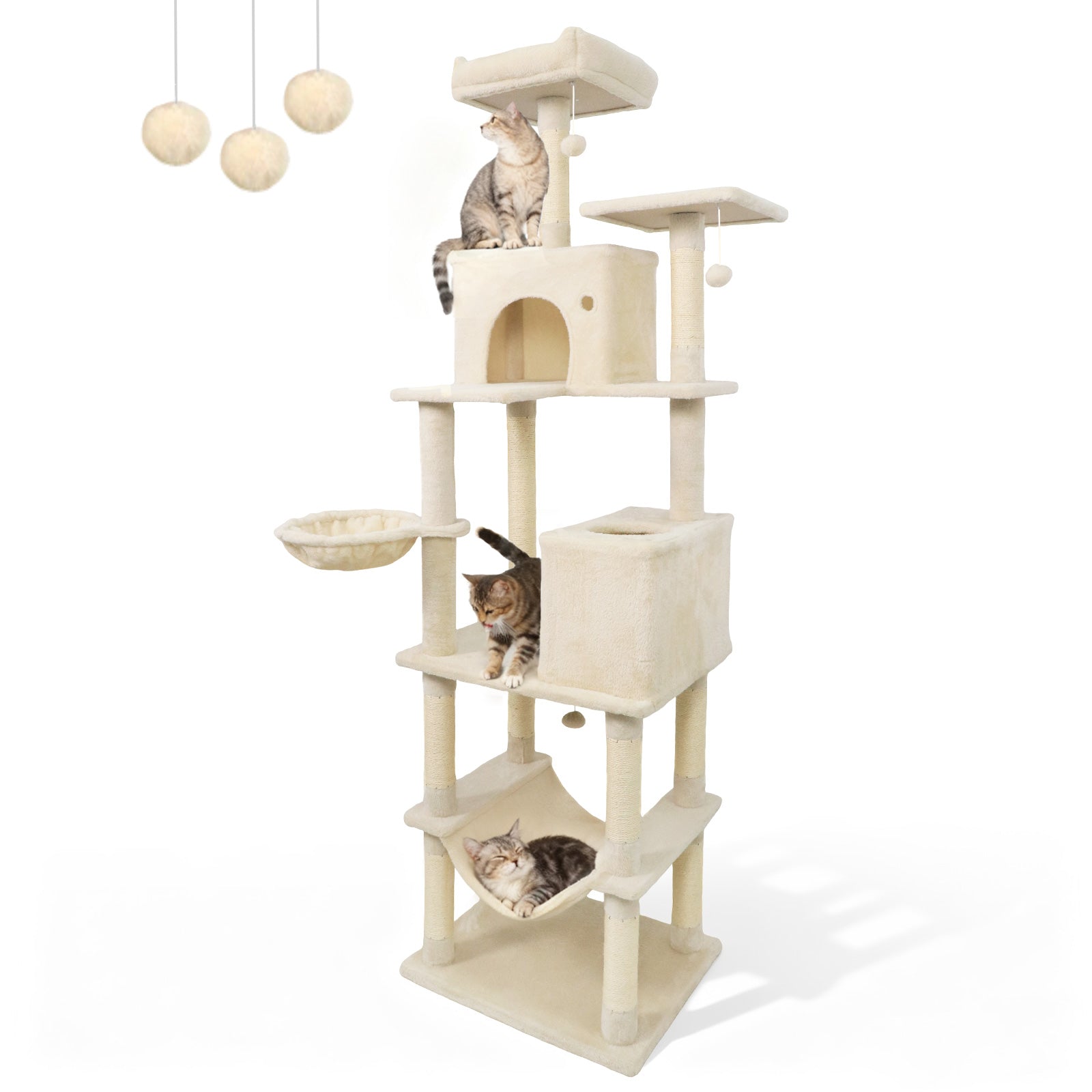 80 Inches Tall Cat Tree with 2 Large Condos and Dangling Toys-Beige