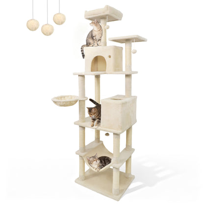 80 Inches Tall Cat Tree with 2 Large Condos and Dangling Toys-Beige
