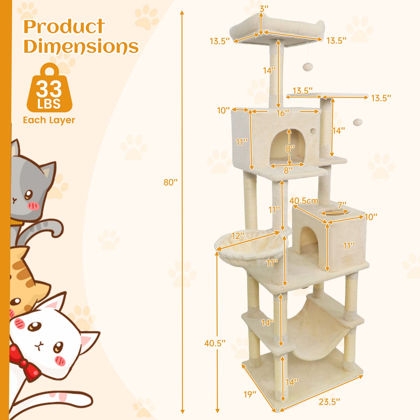 80 Inches Tall Cat Tree with 2 Large Condos and Dangling Toys-Beige