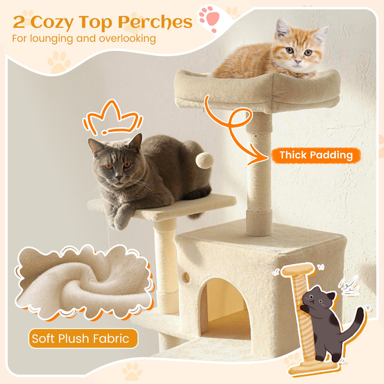 80 Inches Tall Cat Tree with 2 Large Condos and Dangling Toys-Beige