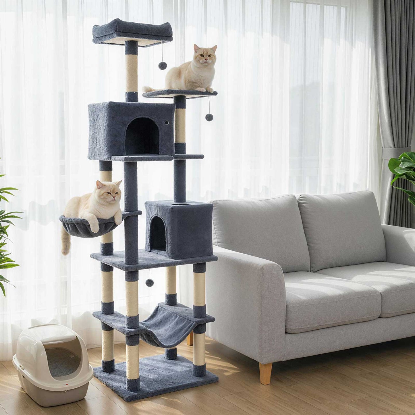 80 Inches Tall Cat Tree with 2 Large Condos and Dangling Toys-Dark Gray