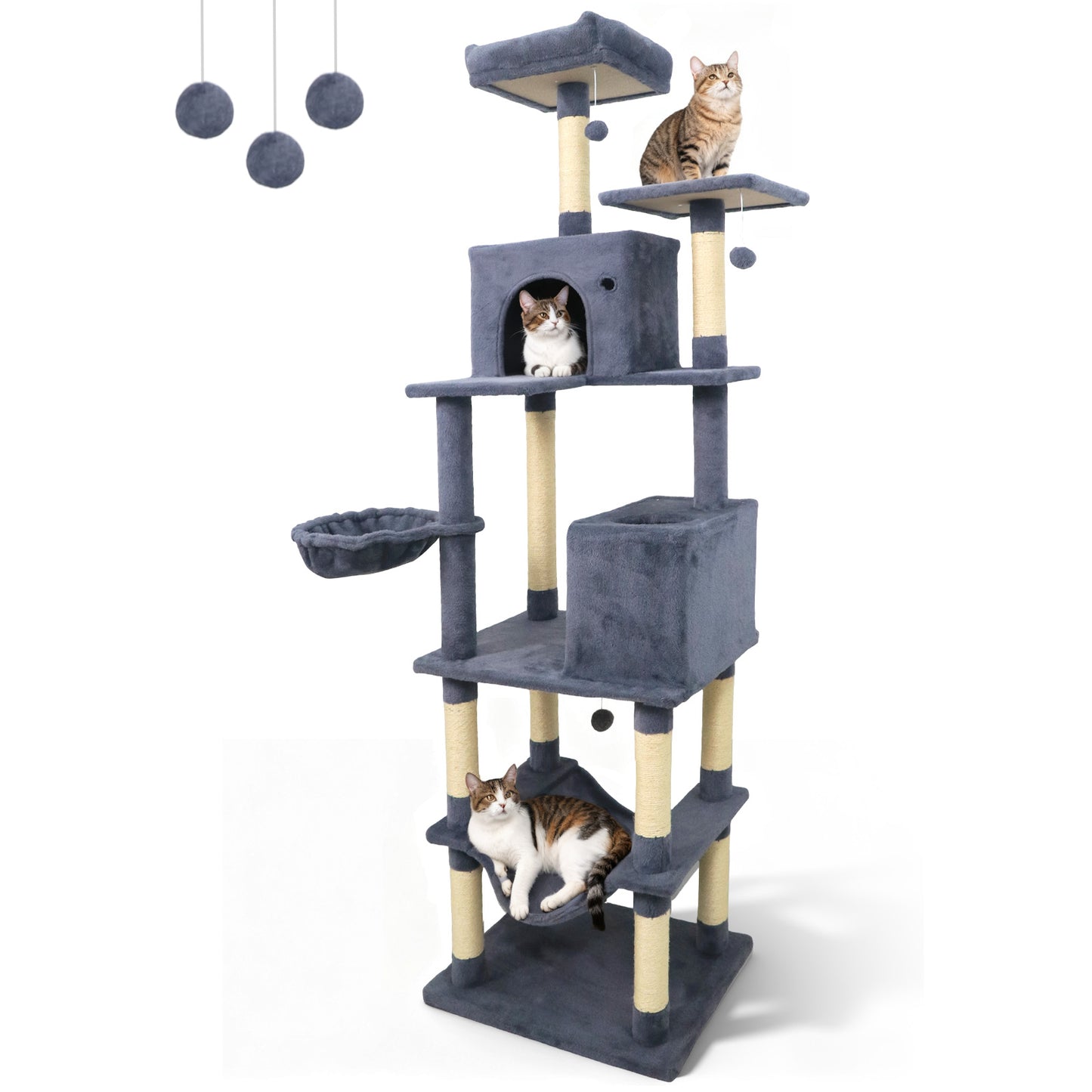 80 Inches Tall Cat Tree with 2 Large Condos and Dangling Toys-Dark Gray