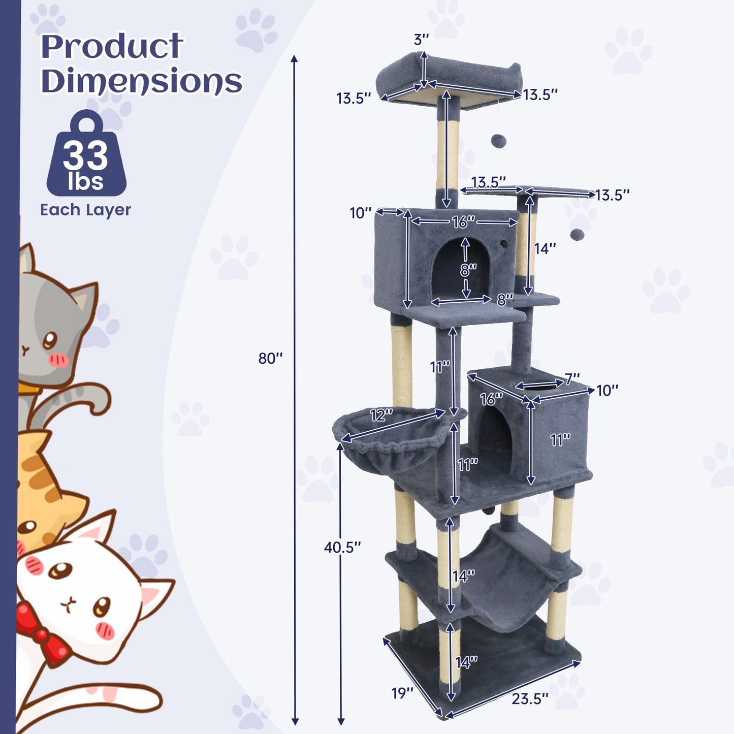 80 Inches Tall Cat Tree with 2 Large Condos and Dangling Toys-Dark Gray