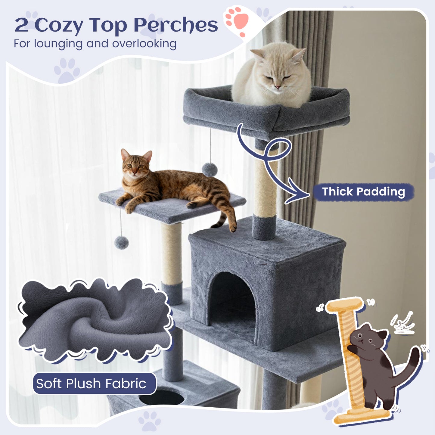 80 Inches Tall Cat Tree with 2 Large Condos and Dangling Toys-Dark Gray