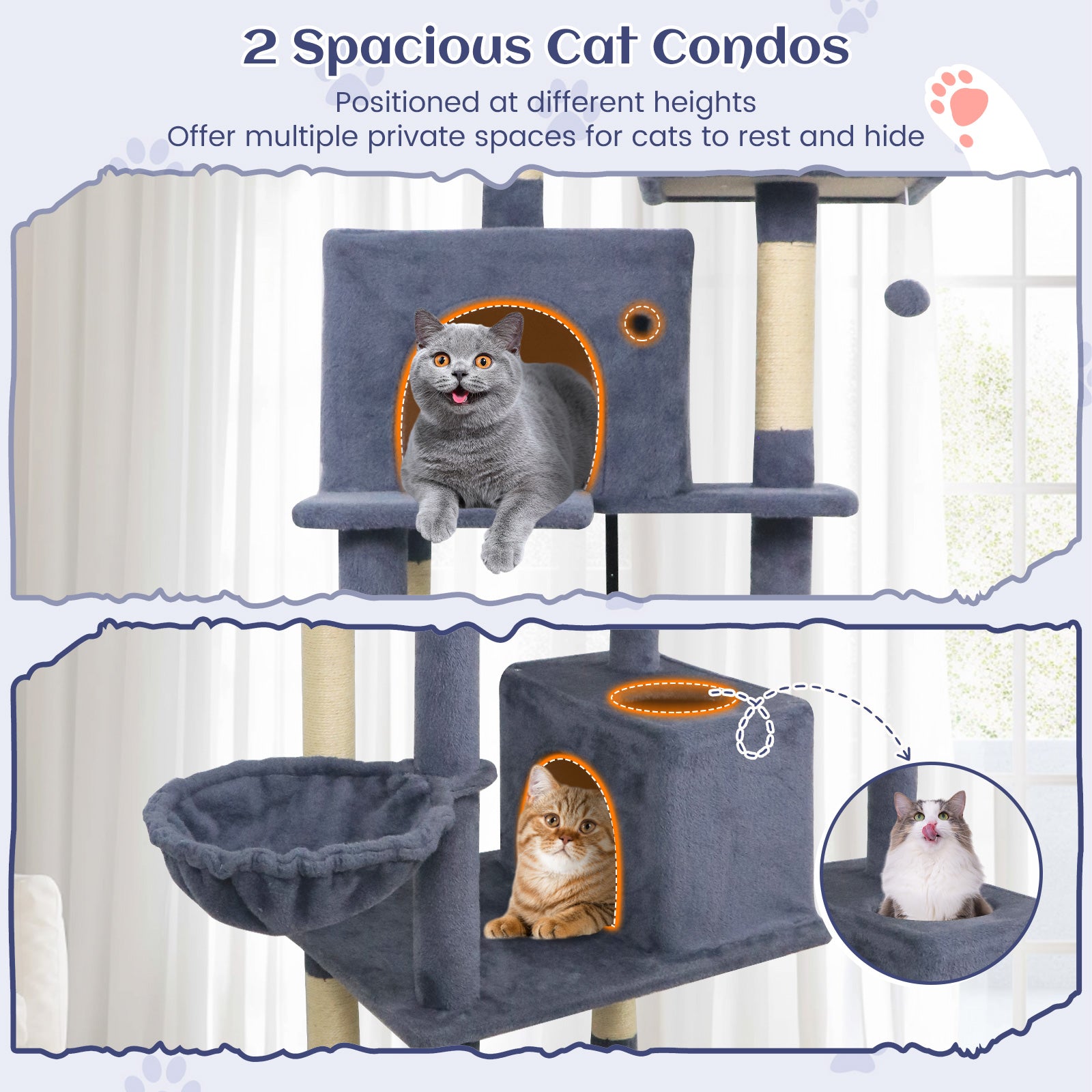 80 Inches Tall Cat Tree with 2 Large Condos and Dangling Toys-Dark Gray
