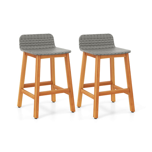 Solid Acacia Wood Bar Stools Set of 2 with Backrests and Footrests for Porch-Brown - Gray