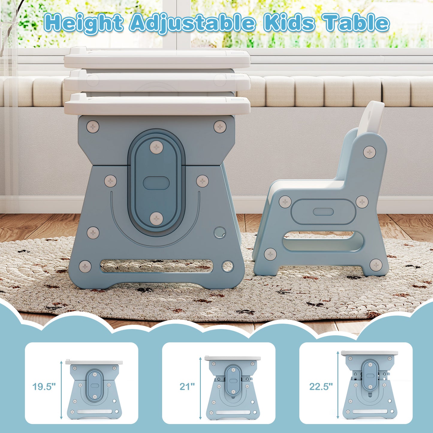 Height Adjustable Kids Table and Chair Set with Tiltable Whiteboard and Concave Shelf-Blue