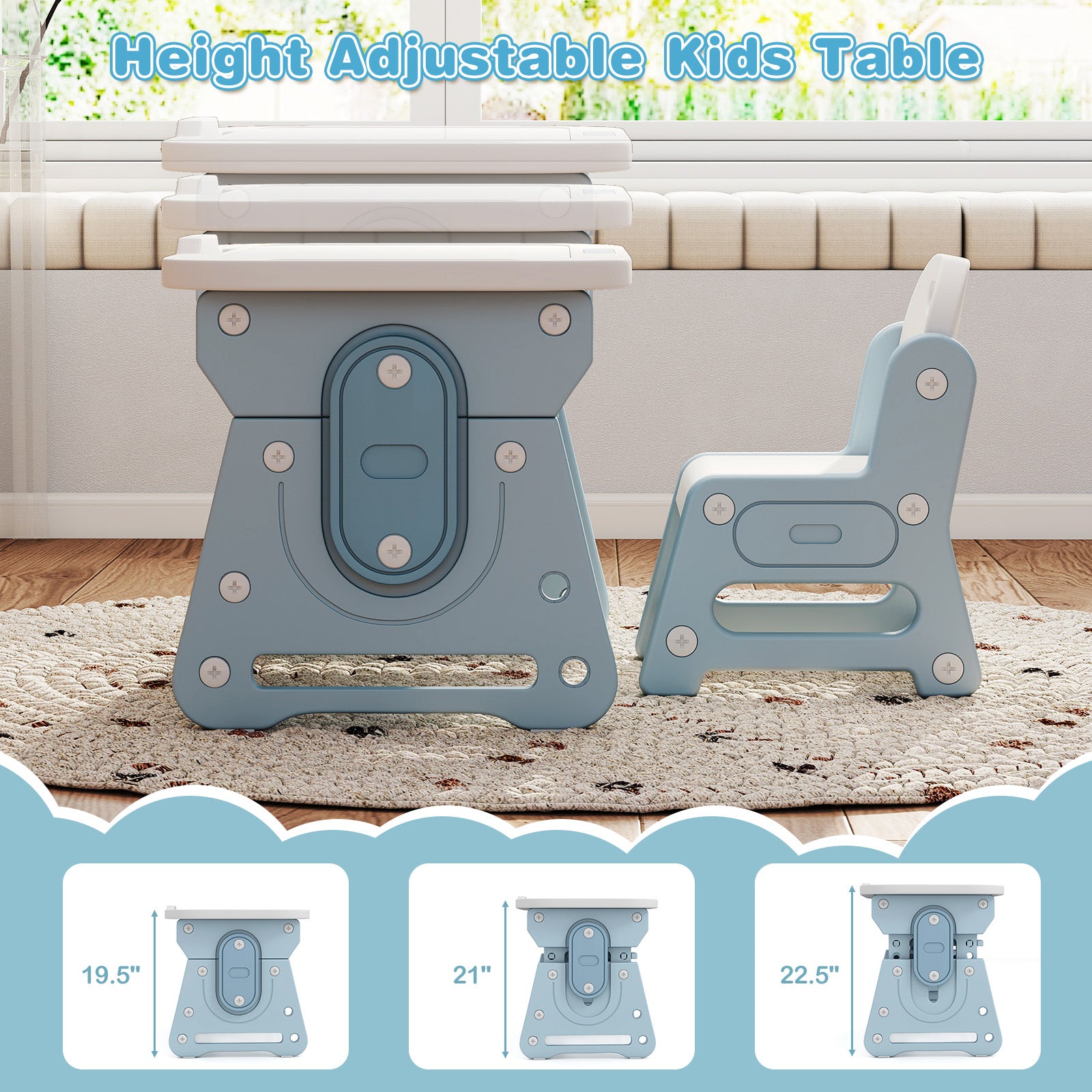 Height Adjustable Kids Table and Chair Set with Tiltable Whiteboard and Concave Shelf-Blue