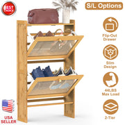 2-Tier Shoe Cabinet with 2 Flip Drawers Slim Bamboo Shoe Rack Freestanding Narrow Shoe Organizer with 44lbs Max Load for Entryway Hallway