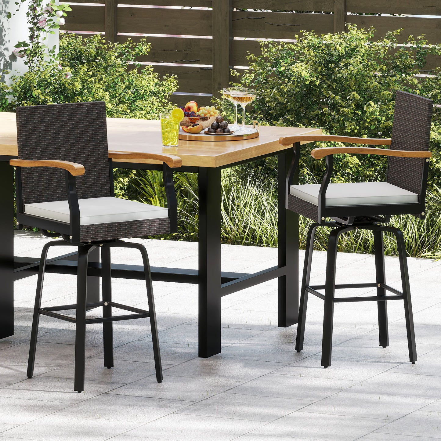 One Outdoor 360¬∞ Swivel Bar Stool with Cushion and Acacia Wood Armrests