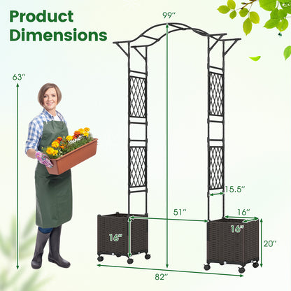 82 x 99 Inch Garden Arch Trellis with 2 Self-Watering Planter Boxes Wheels-Black