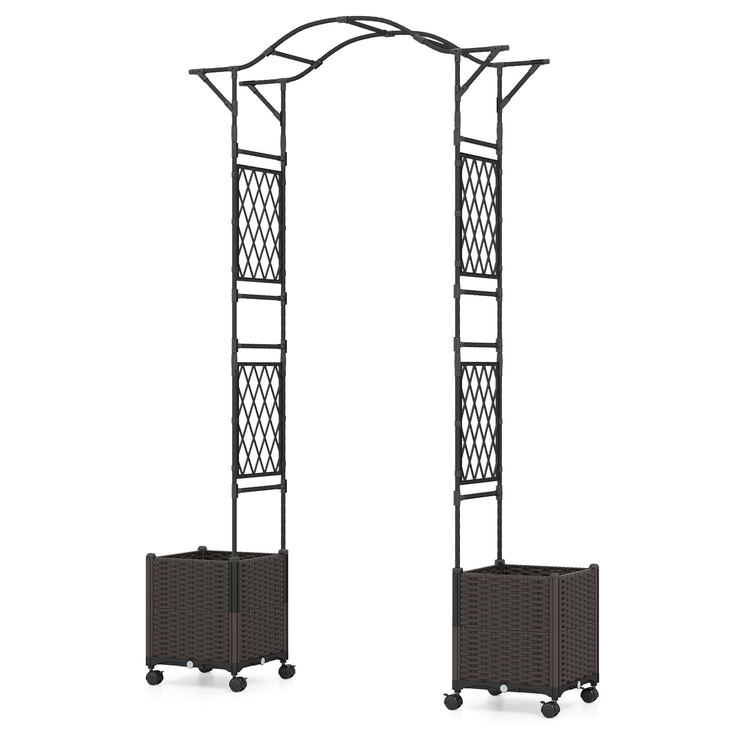 82 x 99 Inch Garden Arch Trellis with 2 Self-Watering Planter Boxes Wheels-Black