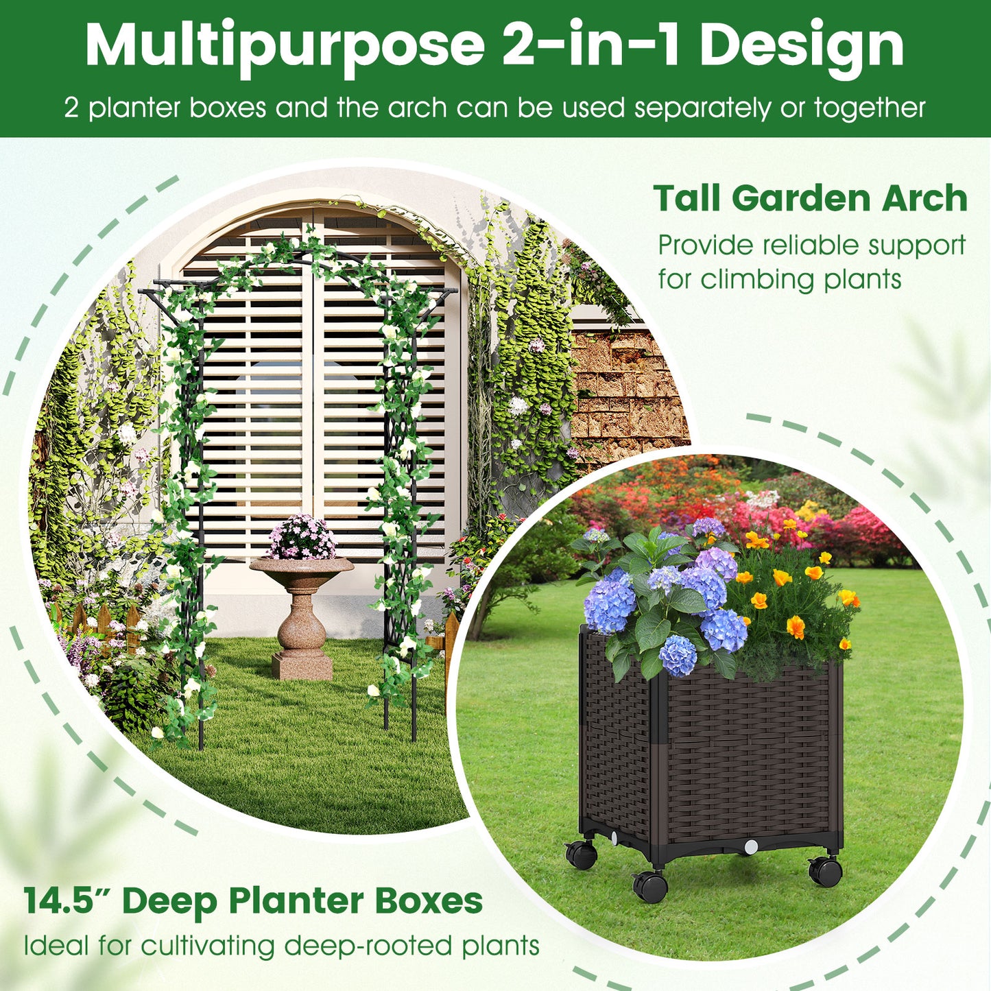 82 x 99 Inch Garden Arch Trellis with 2 Self-Watering Planter Boxes Wheels-Black