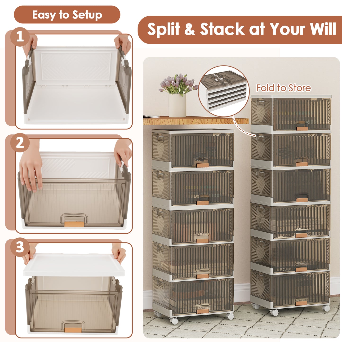 3/4/5/6-Cube Stackable Storage Bins with Detachable Wheels-6 Cube