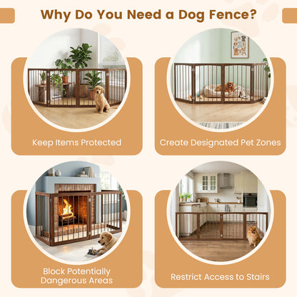 4-Panel Wooden Pet Gate 83" x 30" Freestanding Dog Fence