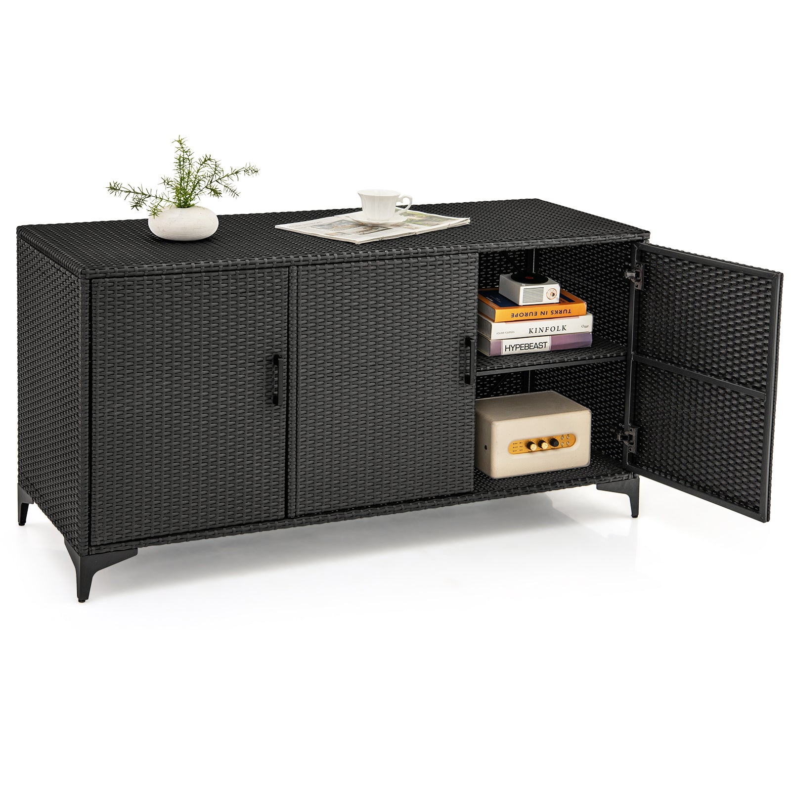 84 Gallon Patio Wicker Deck Box 3-Door PE Rattan Storage Container with Removable Shelves-Black - Black