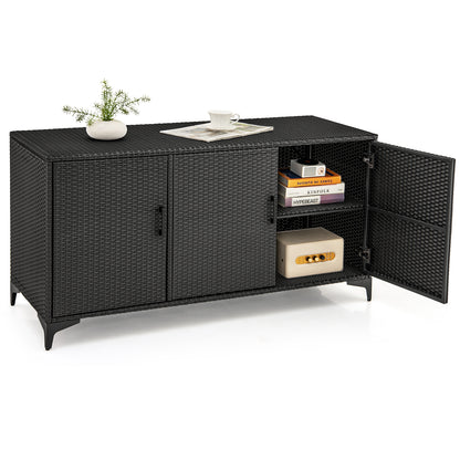 84 Gallon Patio Wicker Deck Box 3-Door PE Rattan Storage Container with Removable Shelves-Black - Black