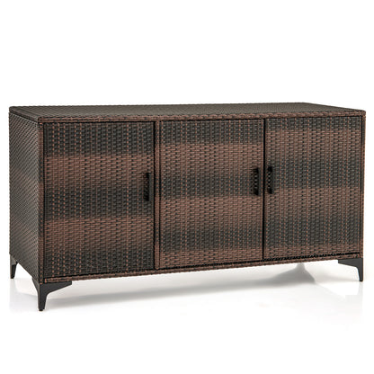 84 Gallon Patio Wicker Deck Box 3-Door PE Rattan Storage Container with Removable Shelves
