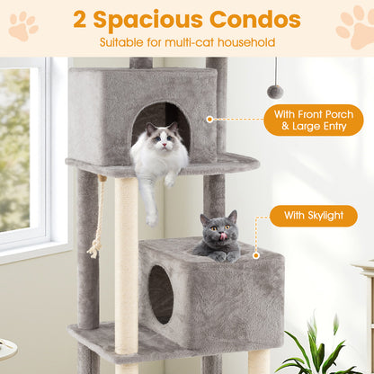 84 Inch Large Cat Tree with 2 Condos and 2 Soft Plush Perches for Indoor Cats-Gray