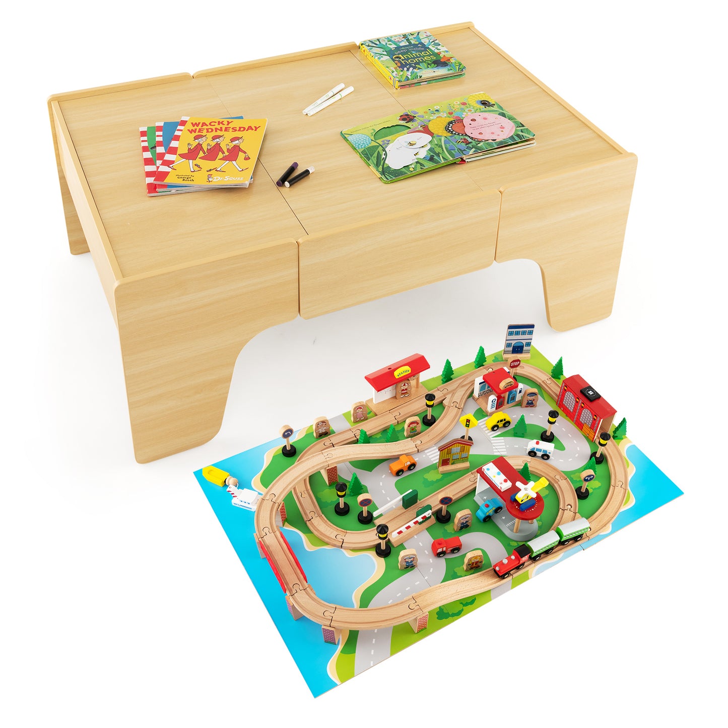 84-Piece Train and Building Block Table with Reversible Top and Creative Play Surface