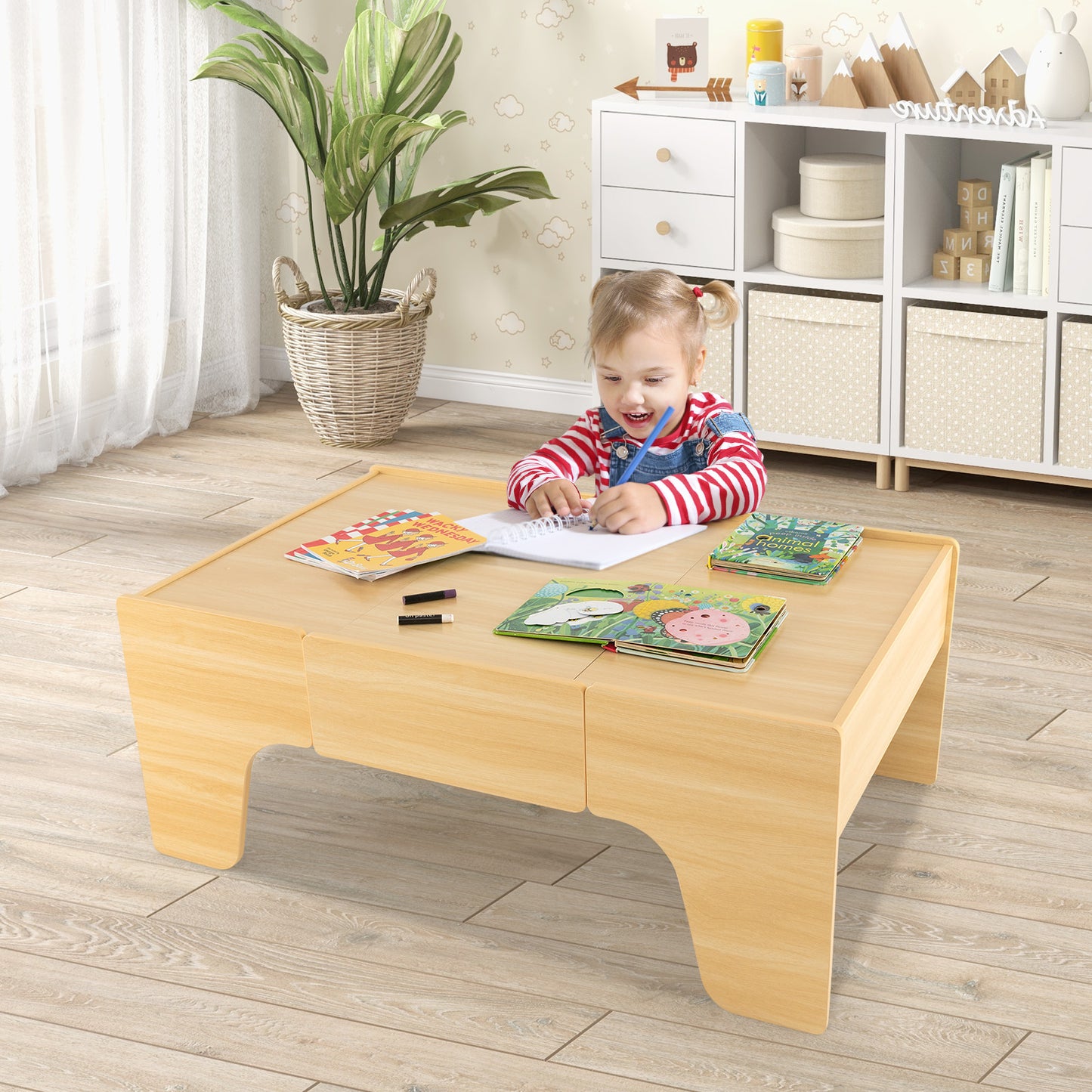 84-Piece Wooden Train and Activity Table with Reversible Top for Learning and Play