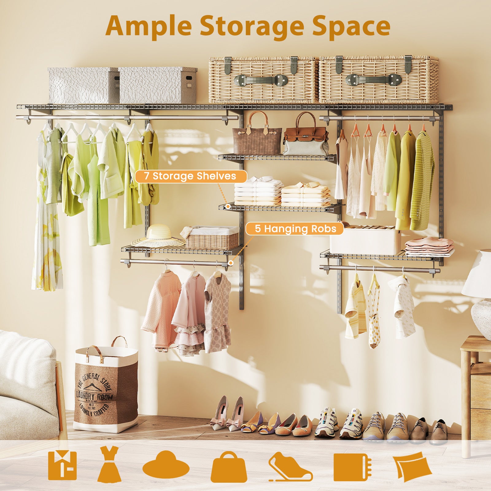 4-8 Feet Closet Organizers and Storage System with Hanging Rod for Laundry Bedroom-Grey