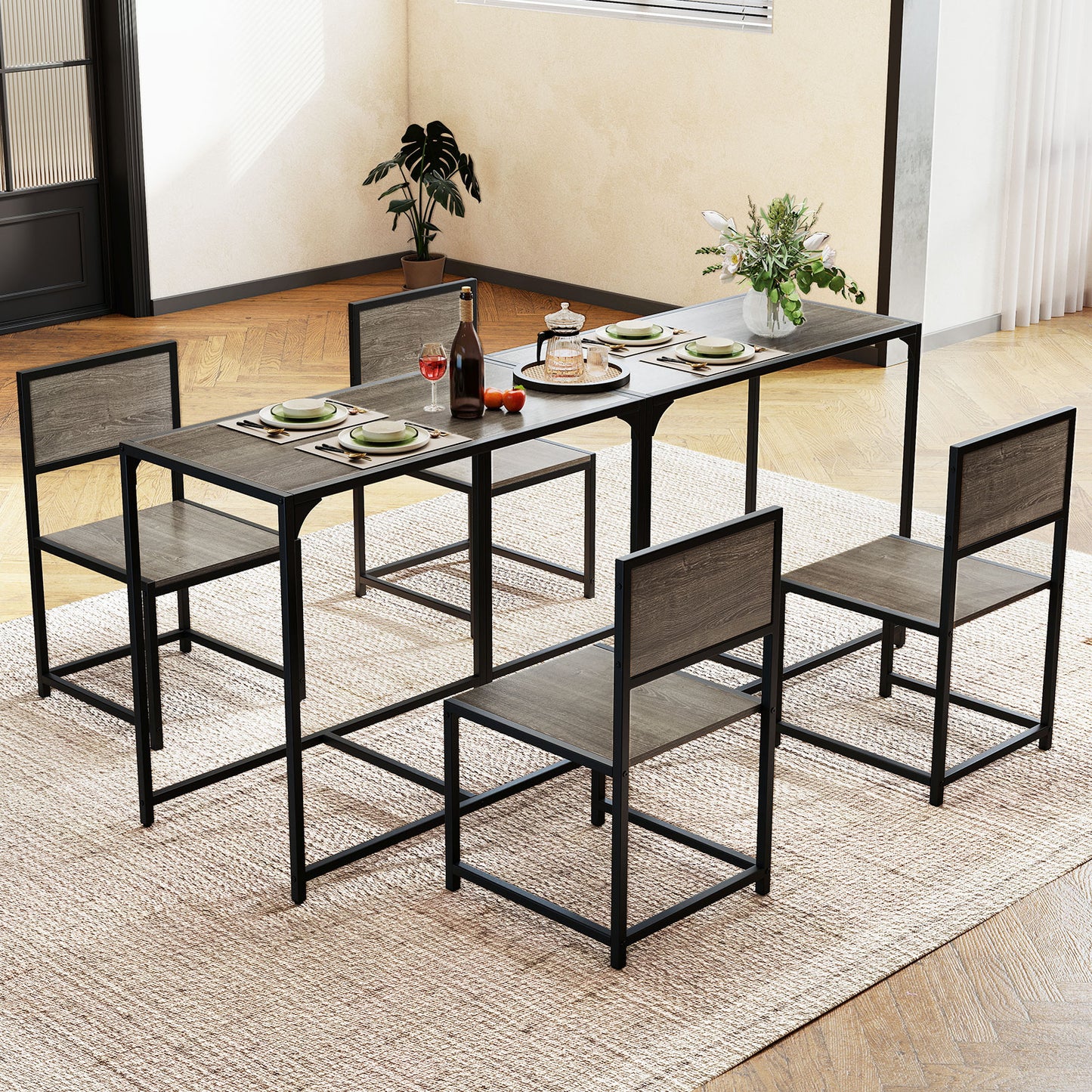 3 Pieces Dining Set Compact Table and 2 Chair with Metal Frame for Small Space-Oak