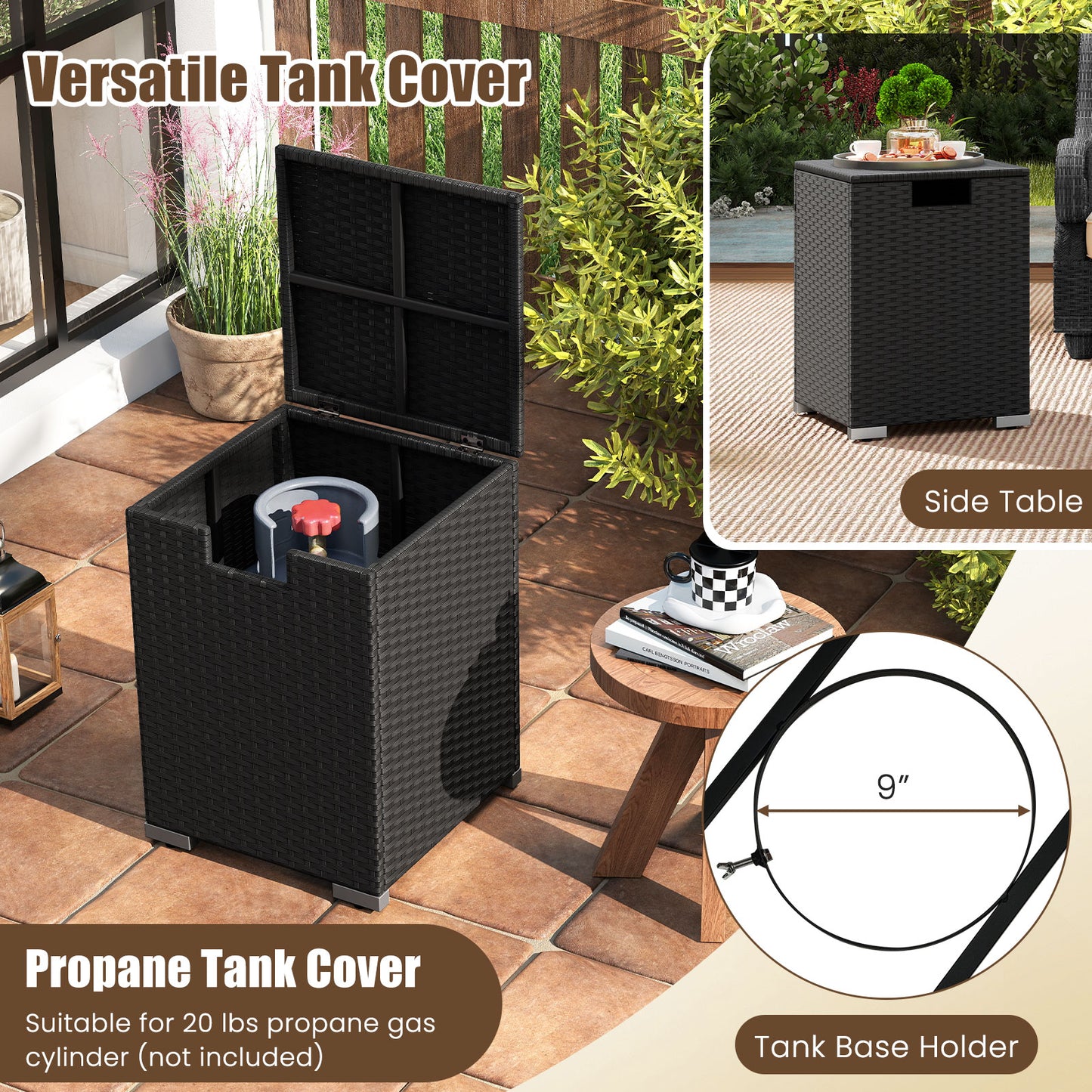2-Piece Outdoor Rattan Fire Table Set 32 Inch Rectangle Gas Firepit with Tank Cover-Black