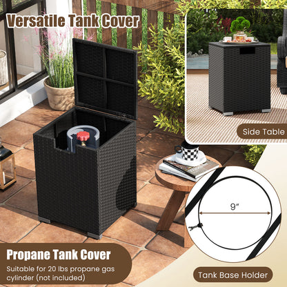 2-Piece Outdoor Rattan Fire Table Set 32 Inch Rectangle Gas Firepit with Tank Cover-Black